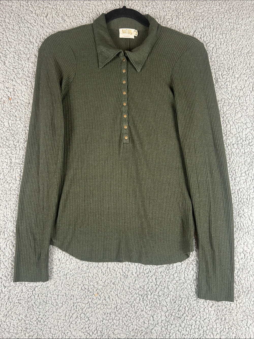NATION LTD Long Sleeve Ribbed Pattern Collared Green Top Size S